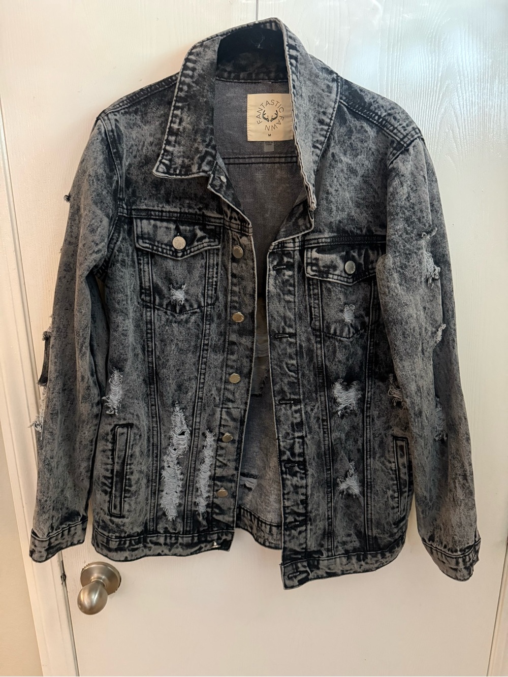 Fantastic Fawn Distressed Black & Gray Acid-Wash Denim Jacket